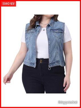 Plus Size Denim Vest Sleeveless Zip Up Button Down Waistcoat Jean Jacket